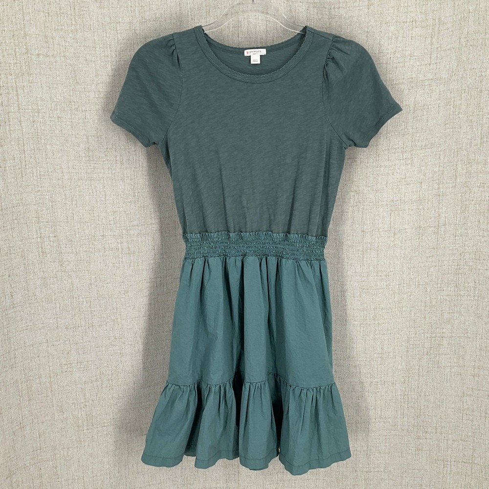 Crewcuts J.Crew Dress Kids 12 Green Cotton Smocked Tiered Puff Sleeve Minimalist